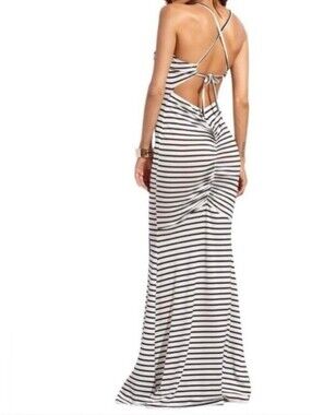 Striped Maxi Dress, White and Navy Blue
